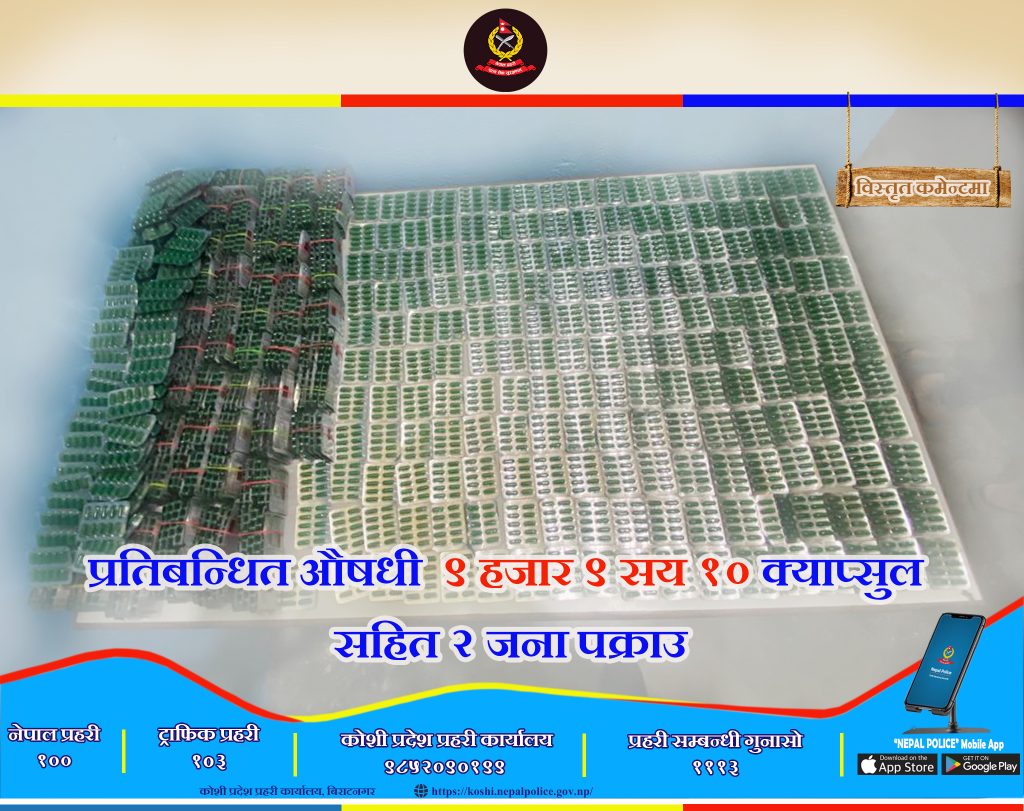 प्रतिबन्धित औषधी ९ हजार ९ सय १० क्याप्सुल सहित २ जना पक्राउ